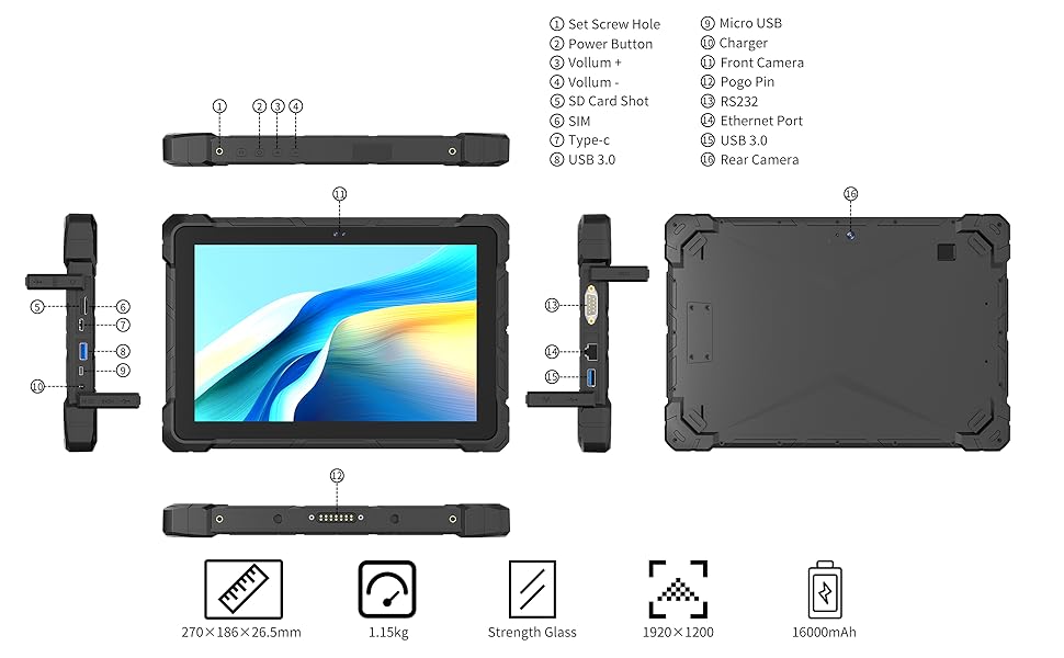 HEIGAOLA Rugged Tablet Win 11 ProCeleron Quad-Core 8GB RAM/128 GB ROMFHD 10.1 INCH Touchscreen Windows Tablet HDMI 2.0 Tablet PC IP67 Waterproof16000mAh BatteryBT 5.2 WiFi 5.0 Ethernet