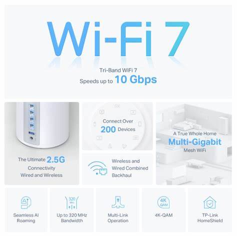 TP-Link Tri-Band WiFi 7 BE10000 Whole Home Mesh System (Deco BE63) | 6-Stream 10 Gbps | 4 × 2.5G Ports Wired Backhaul 4× Smart Internal Antennas | VPN AI-Roaming MU-MIMO HomeShield (2-Pack)
